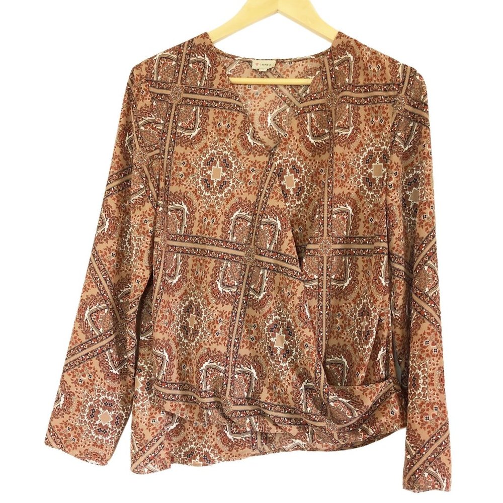 CREMIUEX Womens Brown Wrap Long Sleeve Blouse Top Small S